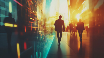 Group of business people silhouettes in modern office building and business network concept. Human resources with pastel innovation charts and graphs with statistics to analyze business