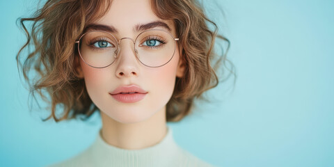 Elegant young Caucasian woman with curly hair wearing glasses, serene expression, fashion portrait