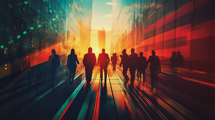 Group of business people silhouettes in modern office building and business network concept. Human resources with pastel innovation charts and graphs with statistics to analyze business