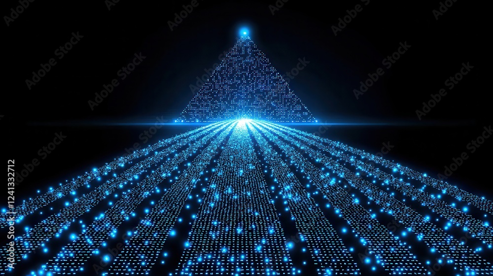 Wall mural abstract blue digital pyramid data streams flowing towards a bright apex