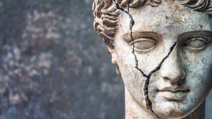 Cracked Marble Statue Head with Weathered Texture, Symbolizing Fragility and Endurance of Human History