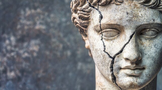 Cracked Marble Statue Head with Weathered Texture, Symbolizing Fragility and Endurance of Human History