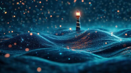 Digital lighthouse amidst glowing waves, symbolizing guidance and technology.