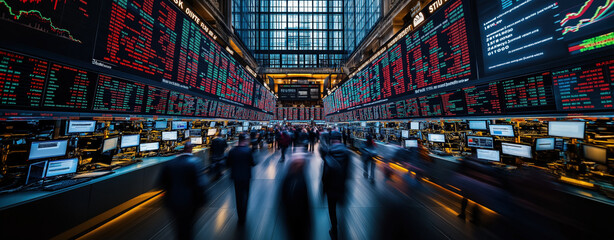 Bustling financial trading floor with stock tickers, investors, and analysts in motion, illustrating the high-paced, chaotic world of stock exchanges.