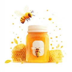Honey jar, bee, honeycomb, white background, sweet food illustration