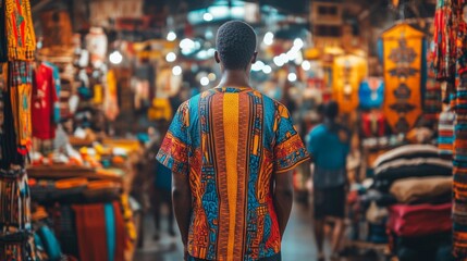 Man in vibrant patterned shirt stands in busy market