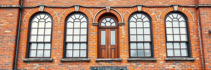 Fototapeta premium Historic Brick Facade with Architectural Elements and Stained Glass