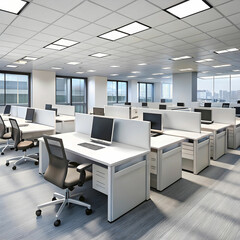 an empty white office with rows of cubicles and de