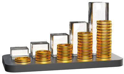 Growing stacks of golden coins on a black pedestal with a corresponding transparent bar chart. Wealth or financial success concept. Transparent background including semi-transparent chart.