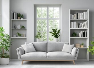 Fototapeta premium Modern living room interior with a grey sofa and white bookcase near a window. Scandinavian home design in light gray color, with green accents, in a minimalistic style, with empty space for text. 