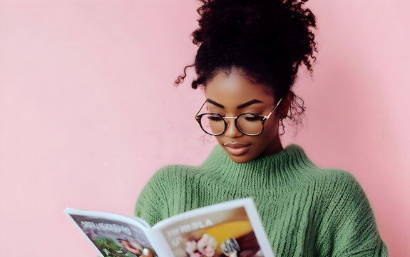 Young african gil reading a magazine isolated on a pink background