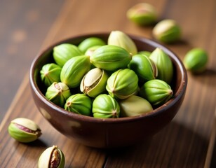 Fresh Green Argan Nuts in a Bowl on Wooden Table