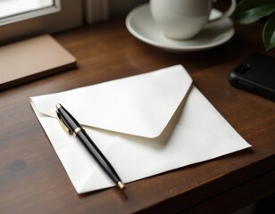 Blank White Envelope with Pen on Wooden Desk - Elegant Stationery Mockup