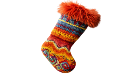 A colorful Christmas stocking isolated against a white background.