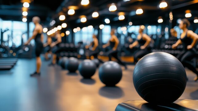 Group workout session with medicine balls at modern gym high-energy fitness environment dynamic viewpoint