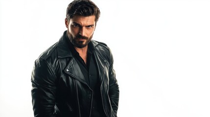 Obraz premium Muscular man with beard wearing a black leather jacket and shirt posing confidently in a studio setting against a white background.