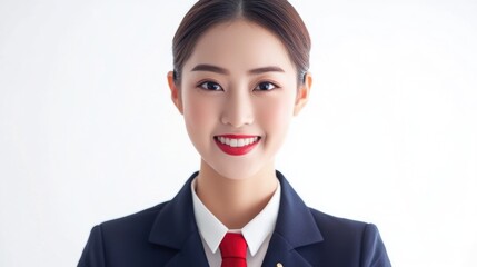 Cheerful young Asian female stewardess in navy uniform and red tie smiling against bright white background showcasing professionalism and elegance.