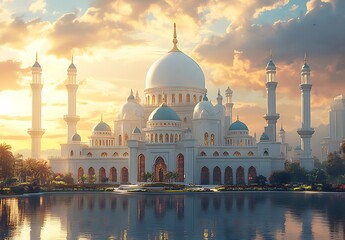 Obraz premium Majestic Mosque with Blue Domes and Minarets Reflected in Calm Waters at Sunset