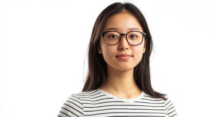 Obraz premium Confident young Asian woman wearing black framed glasses and a striped shirt on a white background, expressing a serious and thoughtful demeanor.
