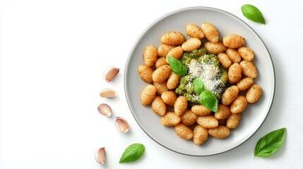 Famous Food of Italian concept. Delicious gnocchi served with pesto and fresh basil on a light plate.