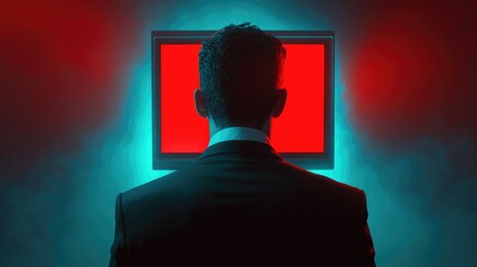 Businessman in suit engaging with virtual technology, illuminated by vibrant red screen light, focused on personal branding strategy in dark ambiance.