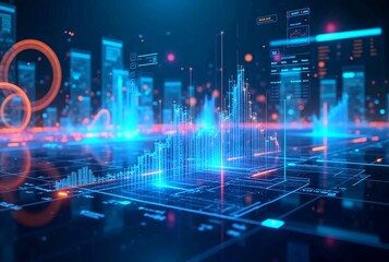 Fototapeta premium Digital Vibrant Holographic Data Interfaces. 3D hologram displays financial charts surrounded by neon and floating data screens in a cyberpunk atmosphere