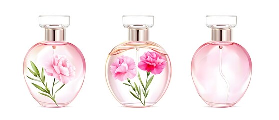 Three bottles of perfume with flowers on them
