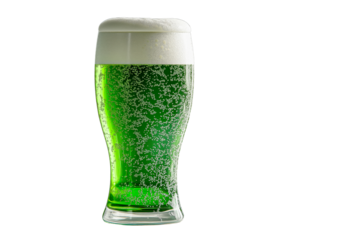 A tall glass filled with green beer, topped with frothy foam, isolated on a transparent background