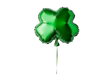 A shiny green foil balloon in the shape of a four-leaf clover, isolated on a transparent background