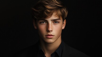 Fototapeta premium Elegant young man with tousled brown hair in formal black attire posed against a dark black background, capturing sophisticated portraiture.