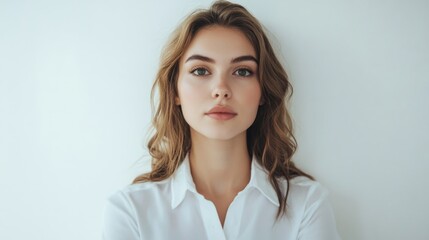 Fototapeta premium Professional portrait of a young woman with long wavy brown hair, wearing a white shirt, holding skincare cream, against a light neutral background.