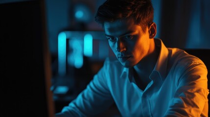 Focused young businessman in a white shirt working late at a computer in a modern office with blue lighting and a serious expression.