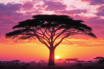 Naklejka premium Silhouette of a large tree at sunset in the savanna.
