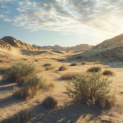 Naklejka premium Vast sandy desert stretching under endless sky with sparse desert plants scattered