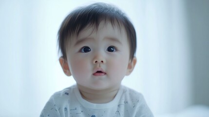 Fototapeta premium Curious Asian baby boy with expressive eyes gazing serenely on soft white background, capturing innocence and wonder in early childhood.