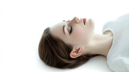 Naklejka premium Serene portrait of a young woman with flawless skin and closed eyes, lying peacefully on a pristine white background, showcasing natural beauty and tranquility.