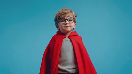 Happy young boy wearing glasses and a red superhero cape, smiling confidently against a bright blue background, embodying adventure and motivation.