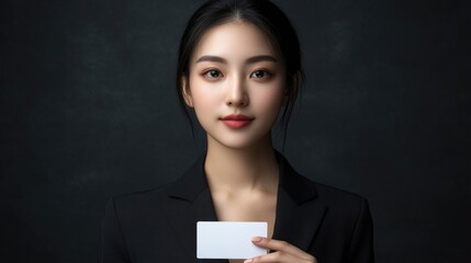 Naklejka premium Elegant Portrait of Young Asian Businesswoman in Black Suit Presenting Blank Business Card Against Dark Background