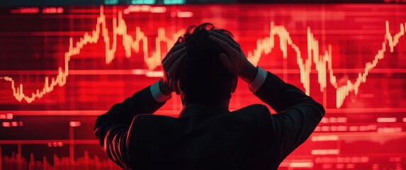 Trader in frustration, looking at declining stock market graphs, charts, symbolizing stock market crashes, financial losses, and investor panic.