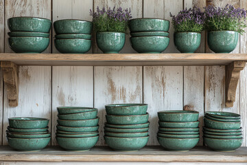 Fototapeta premium wooden shelf with rustic dishes - green ceramic bowls, neatly stacked in piles. 
