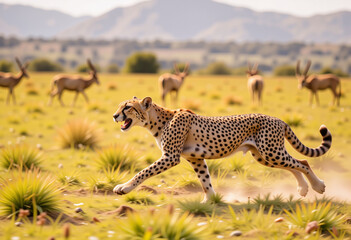 Obraz premium Cheetah sprinting across savannah with gazelles in background, agility