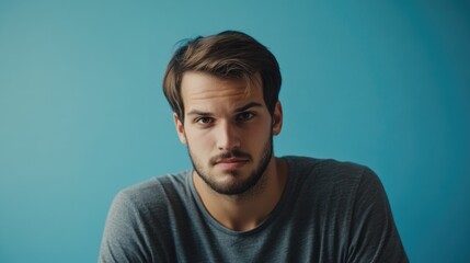 Obraz premium Young man with stylish hair and beard expressing anger, front view against a smooth blue backdrop, showcasing emotions and modern masculinity.