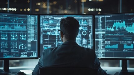 Businessman using laptop computer analyzing sales data and financial growth graph chart report.
