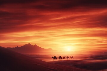 Fototapeta premium Camel caravan silhouetted against a fiery sunset.