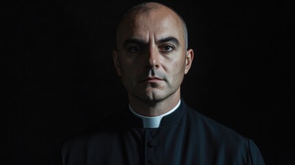 Obraz premium Portrait of a middle-aged man wearing a black cassock with a white collar against a solid black background conveying solemnity and authority.