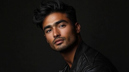 Obraz premium handsome young man with dark hair and defined features posing confidently against a sleek black background showcasing modern portrait photography