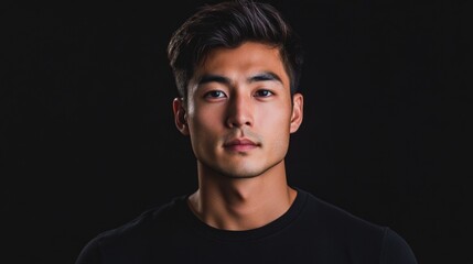 Naklejka premium Asian man engaged in a virtual reality experience with a focused expression on a black background, showcasing modern technology and immersive entertainment.