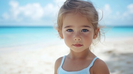 Young girl with light brown hair and blue eyes standing on a beautiful sandy beach with turquoise water and soft clouds in the background.