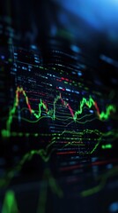 Obraz premium Futuristic trading interface with bright green candlestick charts, highlighting financial analysis, trading algorithms, and market speculation.
