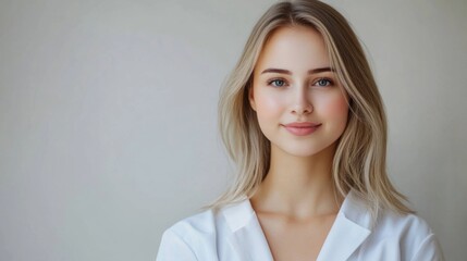 Young Caucasian woman with smooth skin and long blonde hair smiling confidently in a clinical beauty salon setting wearing a white lab coat.